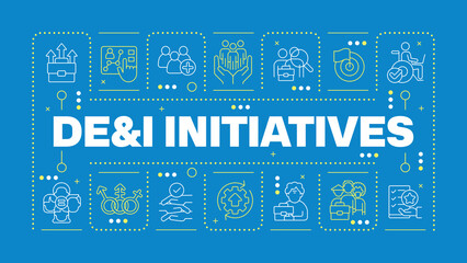 DEI initiatives blue word concept. Diversity, equity and inclusion.Workplace culture. CSR. Horizontal vector image. Headline text surrounded by editable outline icons. Hubot Sans font used