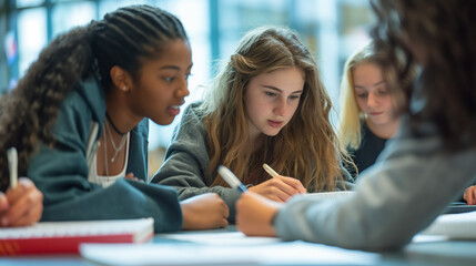 Teenagers immersed in group discussions with notebooks in a school library