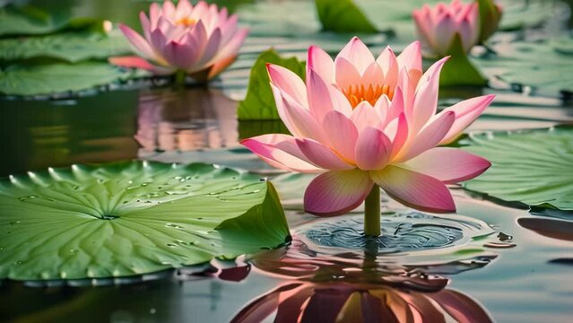 Video animation of close up view of a pink lotus flower in full bloom. It is situated amidst several green lily pads that float gracefully on the surface of calm water