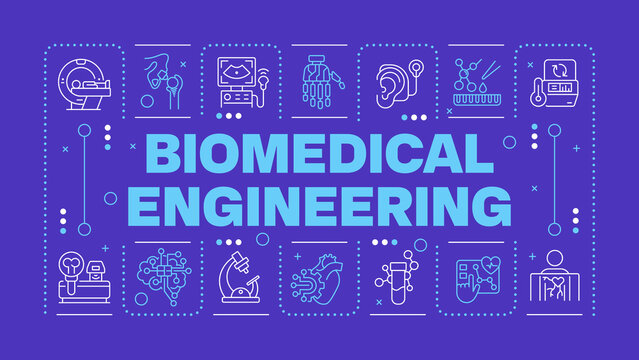 Biomedical engineering purple word concept. Medical innovative technologies. Biotechnology. Horizontal vector image. Headline text surrounded by editable outline icons. Hubot Sans font used