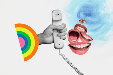 Composite collage image of arm hold telephone mouth speak eye watch lgbt rainbow isolated on...