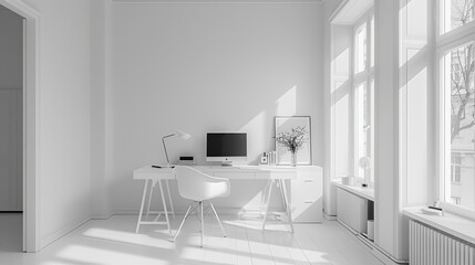 Minimalist office with stark white decor, highlighting a clean, focused environment for high productivity