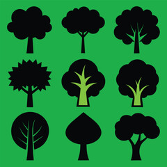 Set of Solid black Green line tree silhouette vector Park Vector