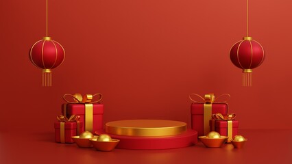 Chinese new year podium display 3d illustration.  3d render rend and gold podium display for chinese new year celebration