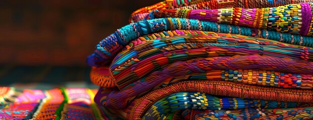 Low-angle shot of a colorful mound of Hispanic woven textiles