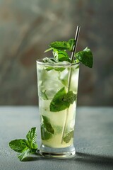 A classic mojito cocktail, effervescent and garnished with lime and mint