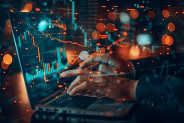 Businessman working on laptop with financial data and a trading graph hologram over a dark background