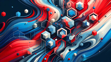 Vibrant Geometric Abstract Dynamic Swirls and Cube Patterns in Bold Red and Blue Tones, Creating a Striking and Energetic Visual Impact with Fluid Lines and Modern Design Elements