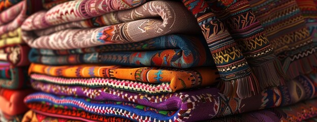 Side view of an intricately stacked heap of Hispanic textile blankets