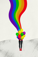 Vertial composite collage picture image of girl hold balloons lgbt rainbow isolated on creative...