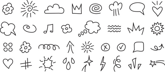 Cartoon line element, cute scribble, doodle arrow, sketch cloud icon, hand drawn star, text sticker, emoji movement symbol, simple expression mark. Editable stroke. Comic vector illustration