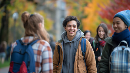 Teenager student walking alone amidst peers on a campus in autumn