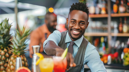 Cocktail Preparation. A bartender prepares a drink at a bar, surrounded by fruits and bottles.