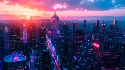 A neon cityscape at twilight, where data highways intersect, and skyscrapers pulse with encrypted messages