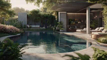 Fototapeta premium Earthy Backyard Oasis_Luxurious Pool with Patio & Tranquil Garden