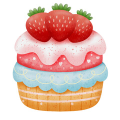 Watercolor strawberry cupcake.Cake with strawberry