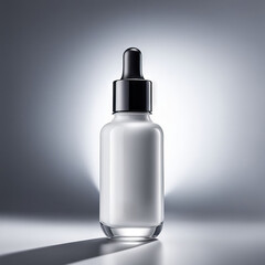 White bottle with serum on grey gradient background. Glass packaging for cosmetic beauty product, essential aroma oil. Skin care, hydration and nutrition with collagen. AI Generative