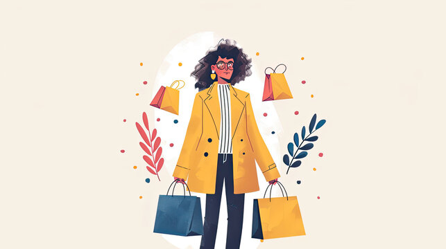 Woman Shopping with Bags and Yellow Coat generated with AI - Powered by Adobe