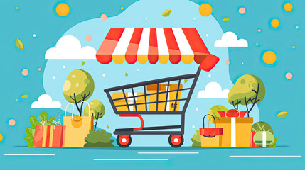 Shopping Cart with Gift Bags in Nature Scene generated with AI