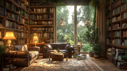 a cozy reading nook with soft lighting and comfortable furniture, peaceful and inviting