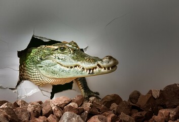 Crocodile Bursting Through Wall