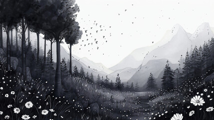  A simple, black and white illustration of a forest with mountains in the background, minimalistic digital painting, clean lines, like an ink drawing, watercolour, whimsical, fantasy