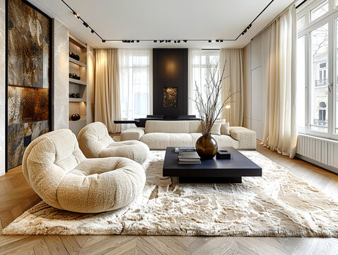 Boucle lounge bean bag chairs and beige sofa near black square coffee table. Minimalist interior design of modern living room.