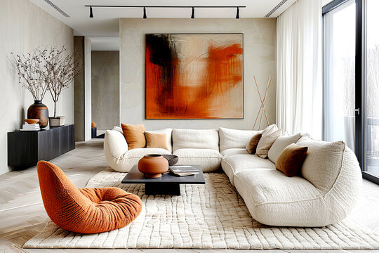 Terra cotta lounge chair near corner sofa against stucco wall with big art poster frame. Minimalist interior design of modern living room.