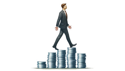 Conceptual illustration of a Caucasian businessman walking up a staircase made of coins, representing financial growth or investment success, suitable for economic articles