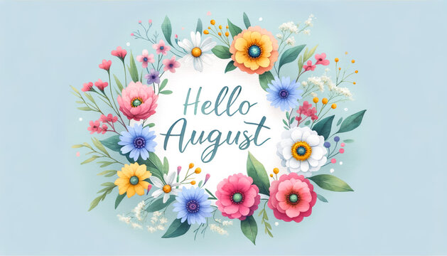 Colorful summer floral greeting card with 'Hello August' inscription, perfect for summer promotions, seasonal greetings, and calendar designs