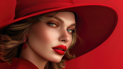 A woman with red lipstick wearing a red hat