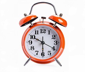 Title: Vibrant red alarm clock against on white background

