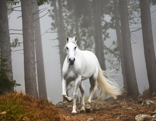 White Horse Running in Foggy Forest 