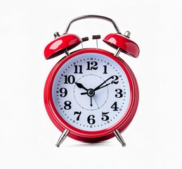 Title: Vibrant red alarm clock against on white background

