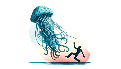 Silhouetted person fleeing from a giant jellyfish on a pastel sunset background, a surreal summer vacation concept related to sea life and adventure