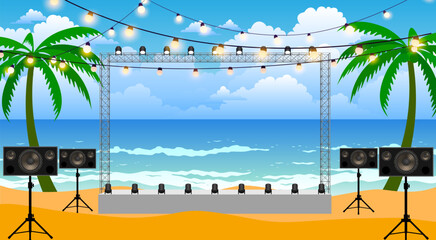 white stage and speaker with spotlight on the truss system on the beach