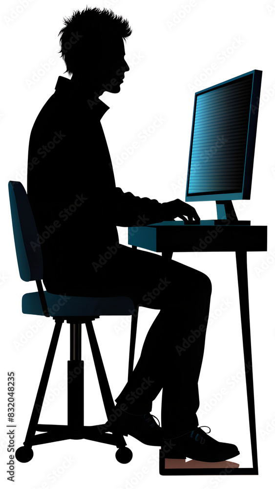 Fototapete person working on laptop Vector of black silhouetts of a male programmer works at a computer PNG transparent background