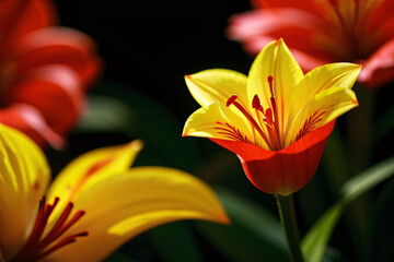 Obraz premium A beautiful orange lily flower with bright petals blooms against a black background