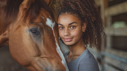 A young mixed race African woman horse owner grooming her horse with a hand held brush. 
