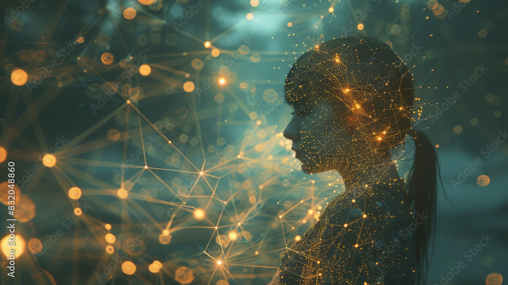 Poster a silhouette of a person with a hairstyle in front of an abstract digital network background, glowin