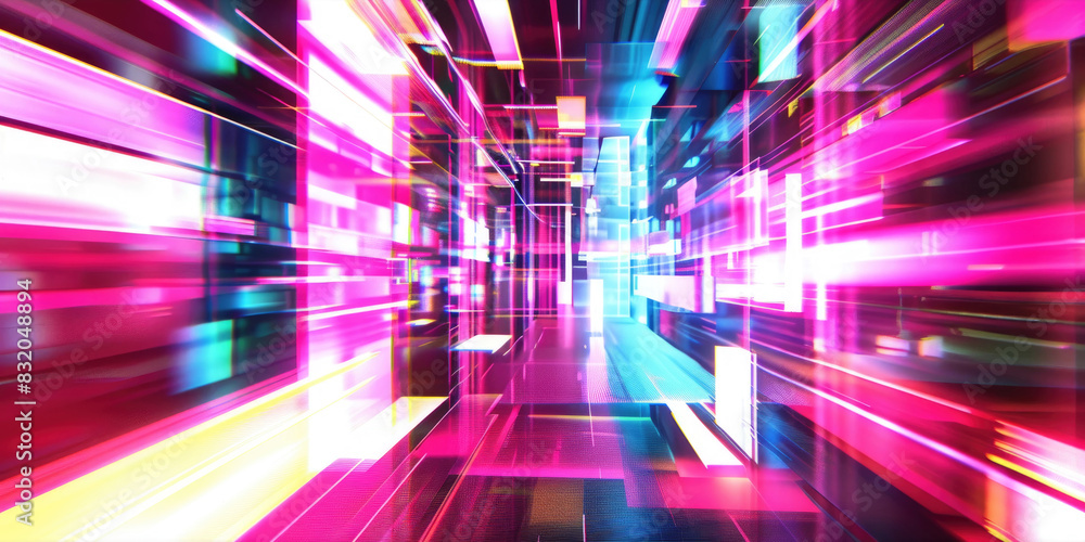 Poster abstract view of hallway with bright lights shining intensely, creating visually striking and vivid 
