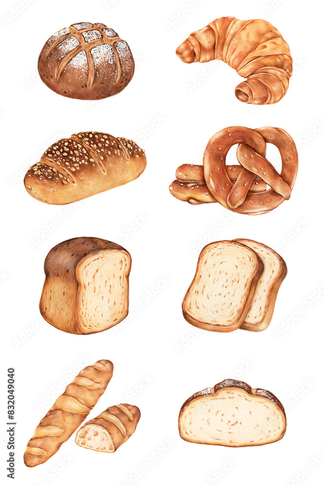 Wall mural Fresh bread illustration png food drawing set