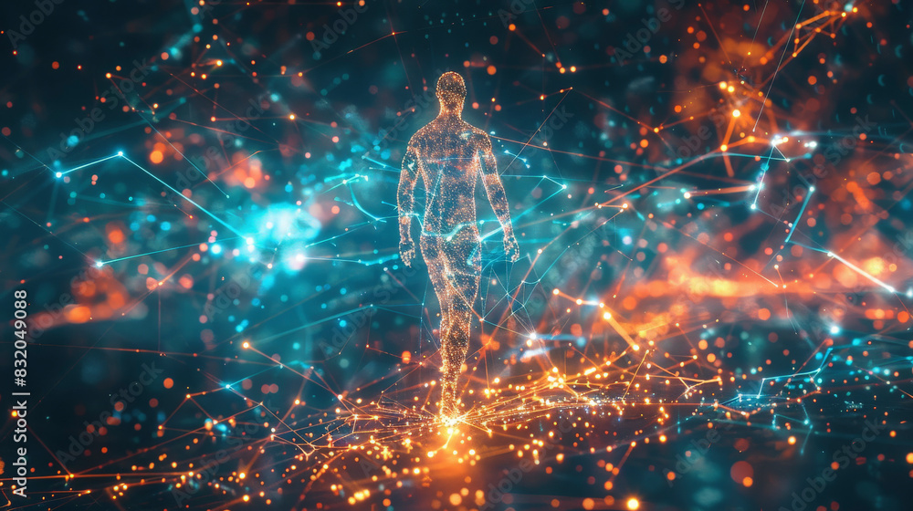 Poster a digital human figure is surrounded by interconnected glowing nodes and lines, representing a netwo