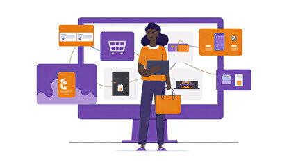 Person with digital devices and shopping icons illustration generated with AI