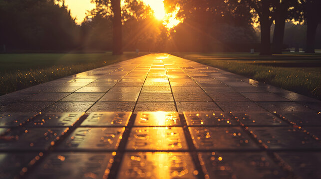 A serene yet powerful image of a war memorial at sunset, with the names etched in stone casting long shadows, honoring the fallen and symbolizing the enduring memory of sacrifice.