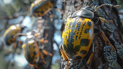 29051527 15 Close-up of beetles in a digital work contest on a lofty tree, equipped with advanced tools
