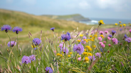 Obraz premium A photo featuring a coastal dune landscape with sea grass and wildflowers. Highlighting the natural beauty and untouched scenery, 