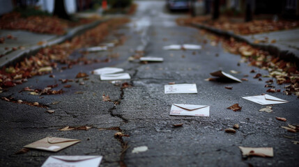 A group of letters and packages left unattended on the side of a rural road