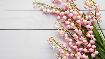 Beautiful pink coral eustoma flowers on white wooden background top view