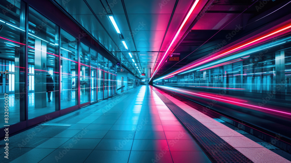 Poster time-lapse of a bustling subway station with streaks of light from passing trains and commuters in m